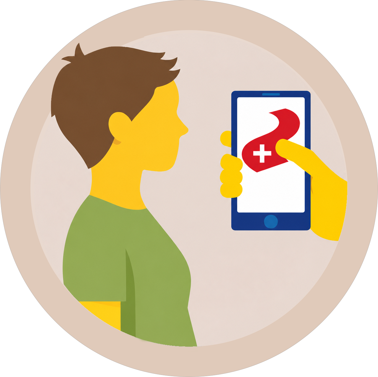 Icoon van een patiënt en een telefoon met daarop de Patient Journey App