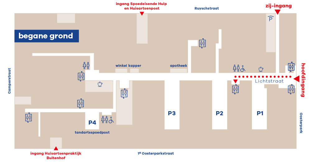 Plattegrond van OLVG, locatie Oost naar de lift tussen poliplein 1 en poliplein 2