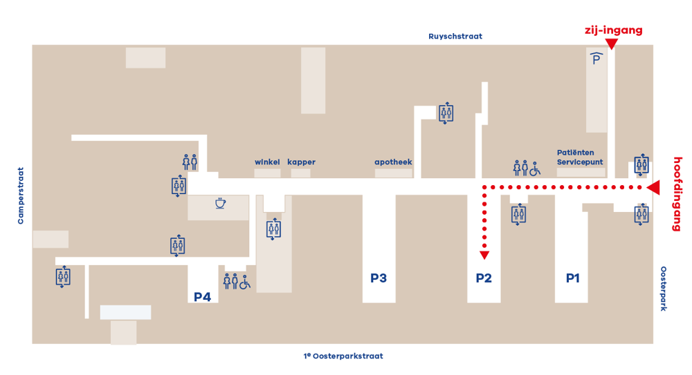 Route naar poliplein 2 locatie OLVG Oost