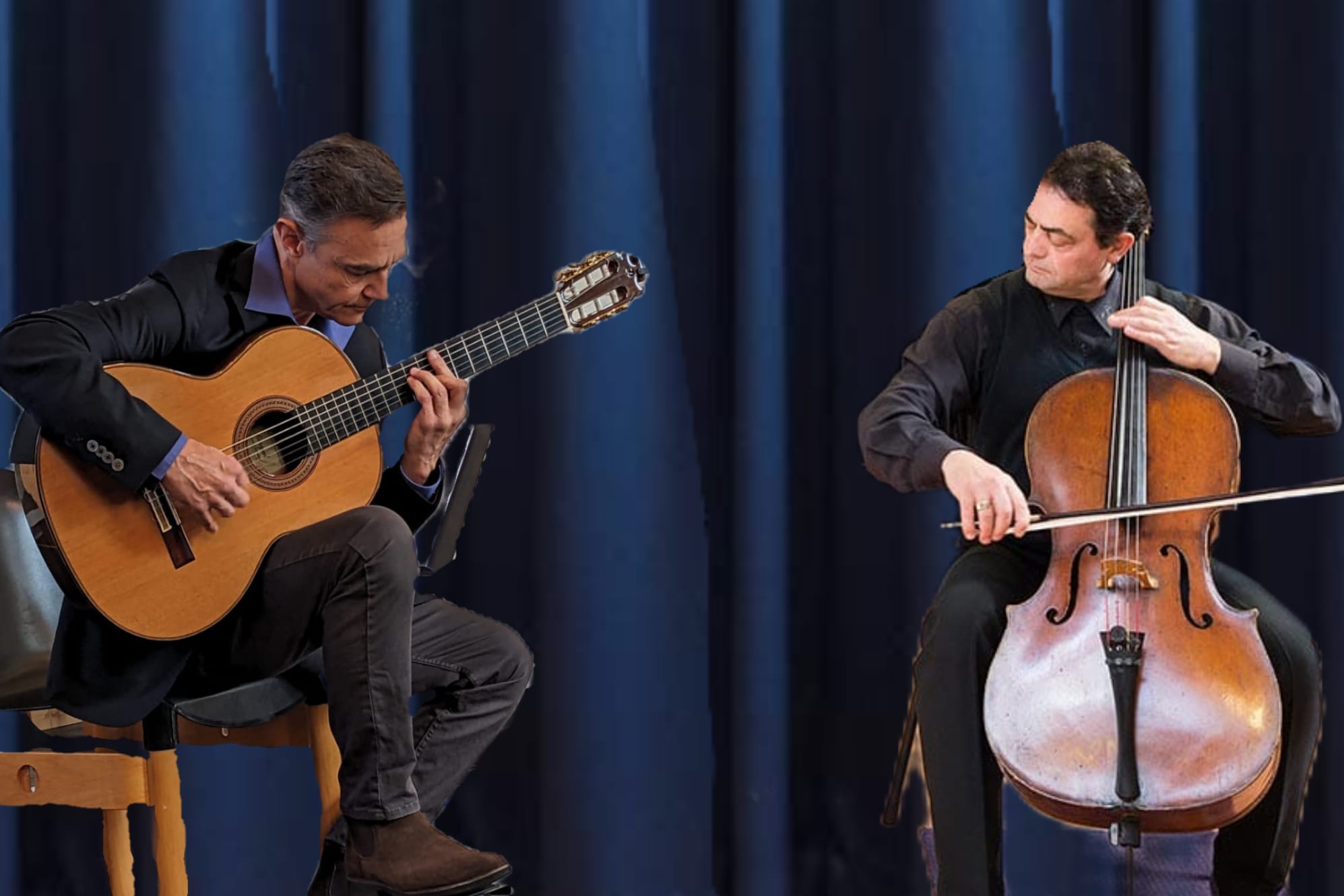 Twee muzikanten waarvan een op gitaar speelt en en speelt op een cello